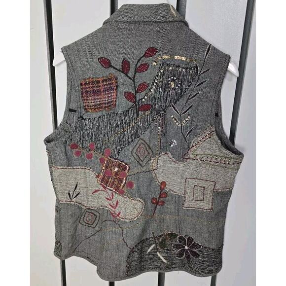 Chico's Embroidered Floral Patchwork Sequins Herringbone Vest Med Artsy Cottage - Picture 2 of 10